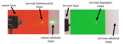 Obr. 4: Odraz zeleného laseru na červené fólii a červeného laseru na zelené fólii.