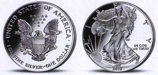 Obr. 2 &nbsp;Stříbrná mince používaná k&nbsp;fyzikálním experimentům [5] (Americký dolar „Stříbrný Orel“ z&nbsp;roku 2010, průměr mince 40,6 mm, hmotnost 31,1 g = 1 trojská unce, stříbro 999/1000, pravděpodobně nejvyhledávanější investiční stříbrná mince)