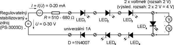 Obr. 8. Princip použití zdvojeného voltmetru při měření diodových svítivek.