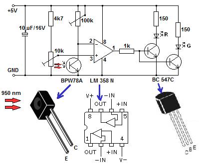 Obr. 5. Přijímač IR signálu s blikajícími LEDkami (upevněný na elektromotoru).