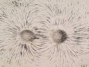 Zdenk Polk: Magnety - Obr. 2: Magnetick pole tyovho magnetu lze simulovat dvma voln poloenmi vlcovmi feritovmi magnety (nstnkov magnety). Vzdlenost magnet je asi tynsobek prmru (asi 6 cm) a papr je asi 1 cm nad magnety. Magnety jsou opan orientace.
